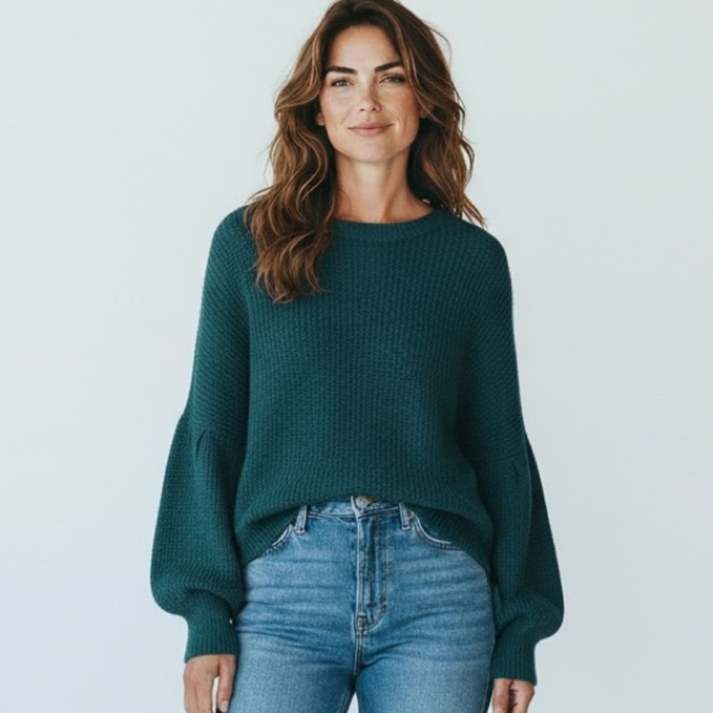 Wooden Ships Mohair Wool Blend Balloon Sleeve Sweater Women's S/M‎ Teal Boxy EUC